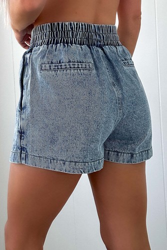 Dusk Blue Drawstring High Waist Pocketed Denim Shorts - Picture 2 of 8