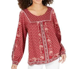 Style & Co Womens Petite PS Ditsy Folk Crimson Red Printed Top NWT CD65