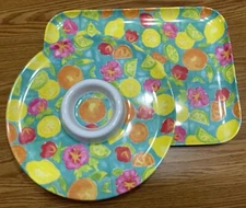 Vintage Chip, Dip Tray 13” & Rectangle Serving Tray 12” X 16” Floral & Fruit Set