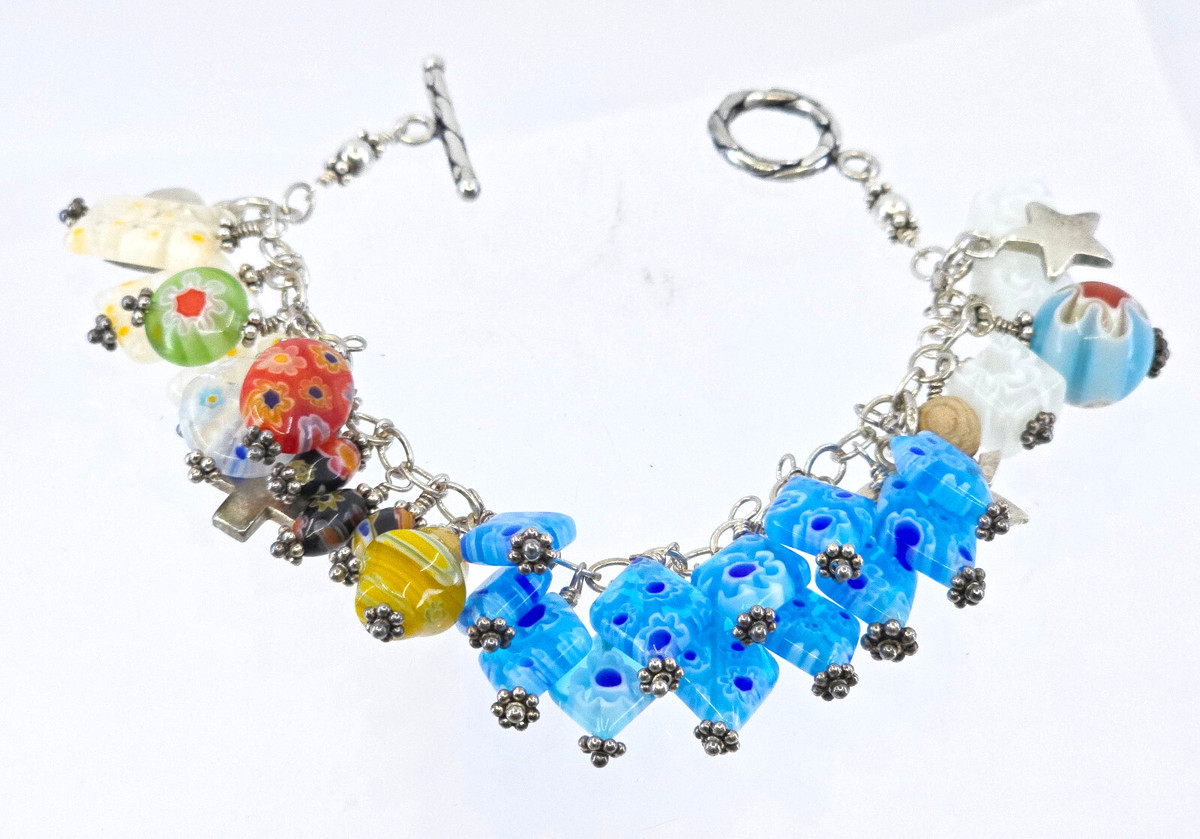 VTG VENETIAN MURANO MILLEFIORI GLASS BEAD STERLING SILVER DANGLE CHARM BRACELET View 2
