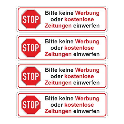 ZEUNERT-SCHILDER 4x Aufkleber STOP Bitte keine Werbung oder kostenlose Zeitungen einwerfen 7x2 cm