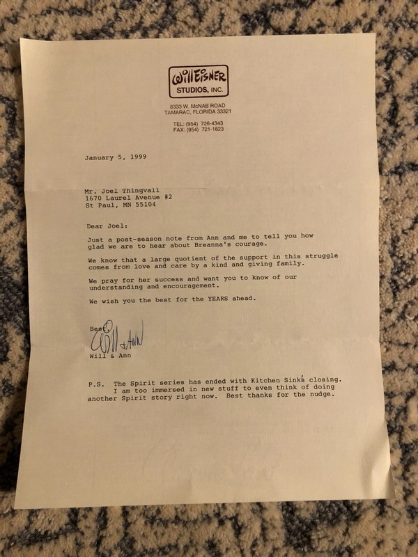 Comic Book Artist WILL (&Ann) EISNER "The Spirit" signed correspondence 1/6/1999