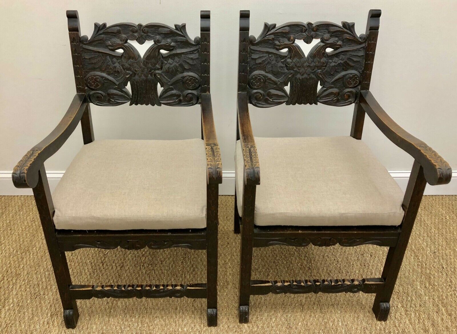 Vintage Pair of Primitive Greek Arm Chairs with Double-headed Eagles