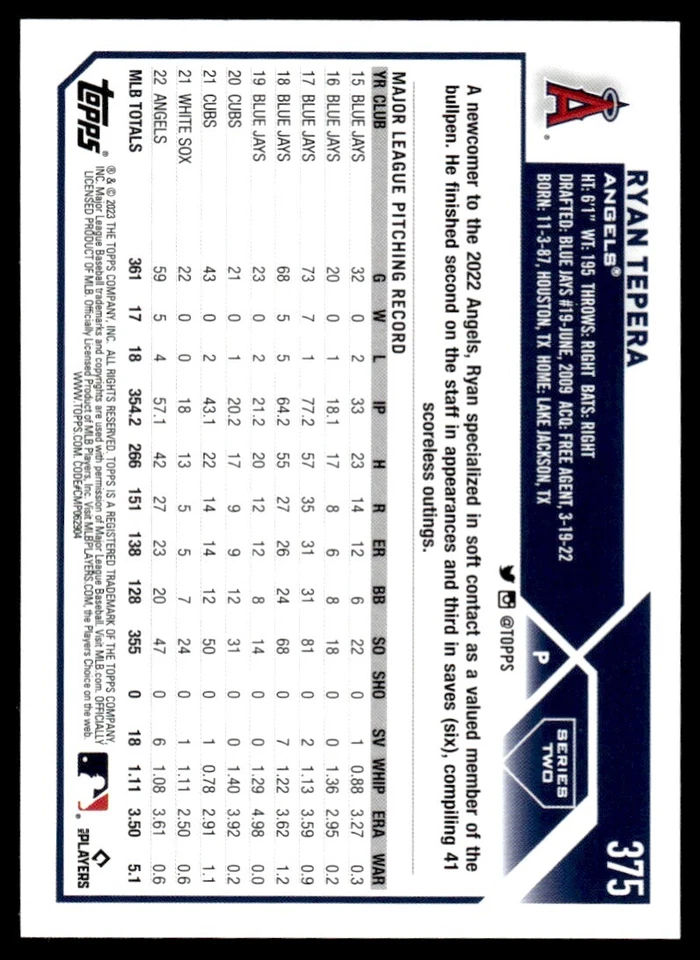 2023 Topps Series 2 SILVER FOIL Ryan Tepera Los Angeles Angels #375 R100 - Image 2 of 2