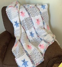 Handmade Cross Stitched Crochet Bears Granny Square Baby Afghan Blanket 42  x53  
