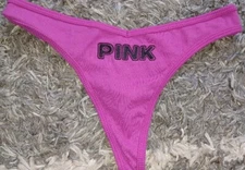 VS pink cotton ribbed thong Panty  NEW SIZE Large fushia embroidered logo