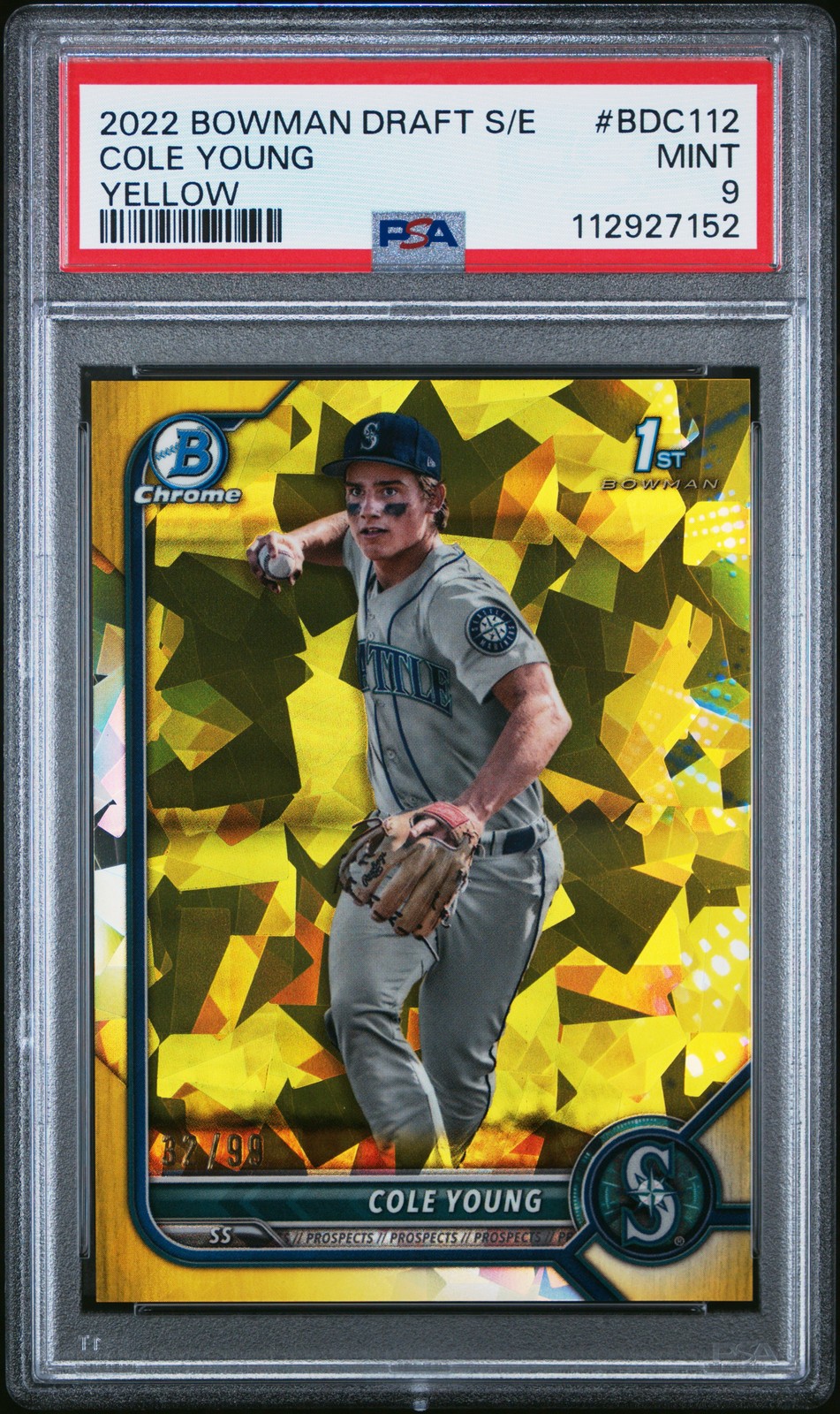 2022 BOWMAN DRAFT CHROME SAPPHIRE ED YELLOW #BDC112 COLE YOUNG 32/99 PSA 9