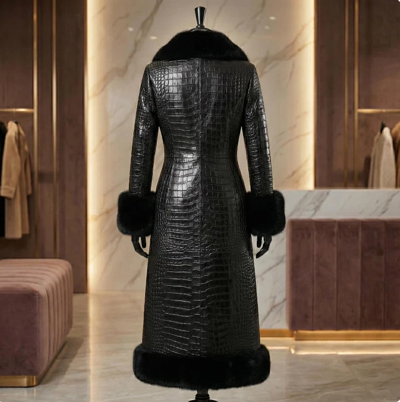 Women's Genuine Cowhide Leather Crocodile Embossed Long Coat With Fur Trim image 3