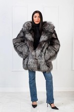 Luxury SAGA Silver Fox Fur Jacket With Super Lavish Hood ,86cm-34 inch