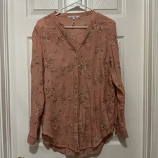 figueroa  flower blouse L Blush Gauze Embroidered BOHO PEASANT Roll Tab Sleeves