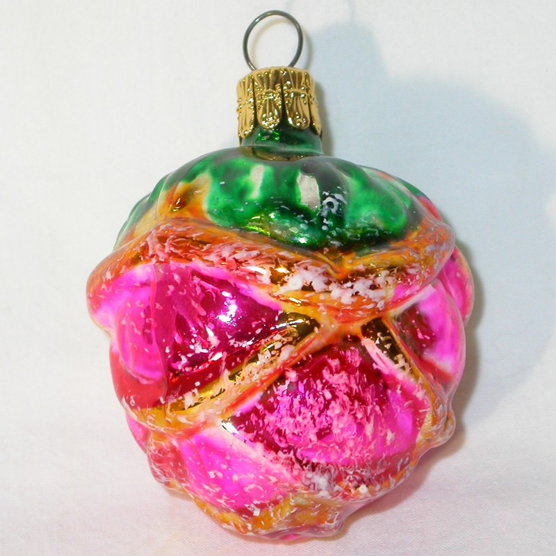 Vtg Blown Glass Bumpy Pink Flower ROSE Bud Feather Tree Christmas Ornament Czech