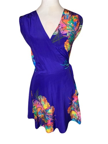 Yumi Kim Women’s XS Blue Purple Colorful Rainbow Floral 100% Silk Wrap Dress