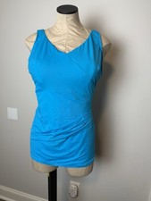 Vintage Roxanne Swimsuit 18 42D 42 D Blue Dress Adjusting Low Back Ruched