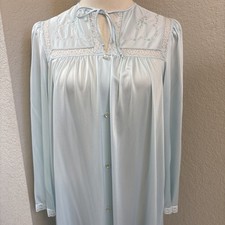 ShadowLine Blue Cottagecore Lace Nylon Lounge Wear Long Length LS Nightgown Sz S