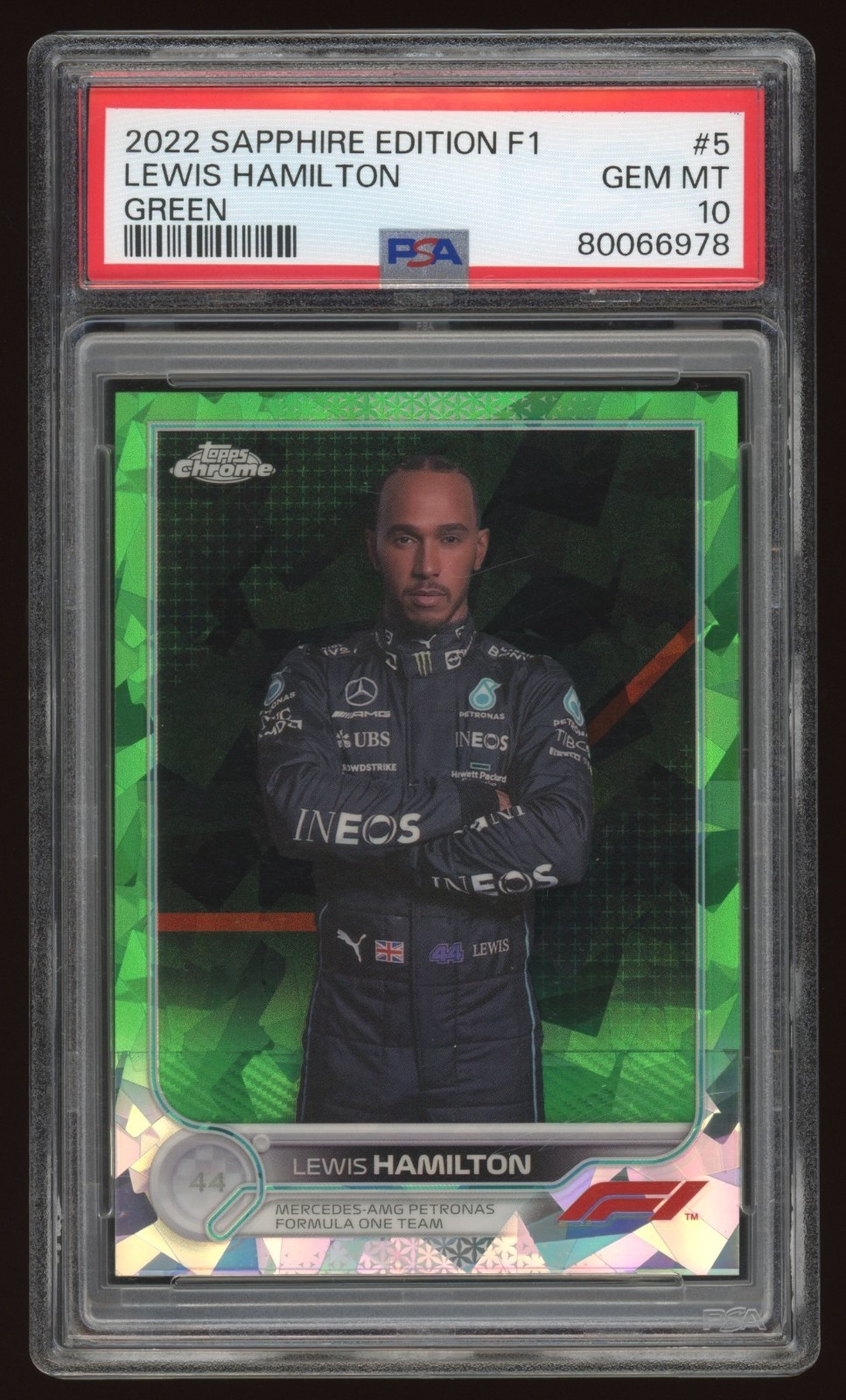 Lewis Hamilton 2022 Topps Chrome Sapphire Edition F1 Green /75 #5 PSA 10 POP 15