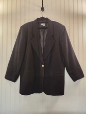 Vintage 1980s Savannah Women's Black 100 Wool 3/4 Sleeve Blazer Size 18 Classic