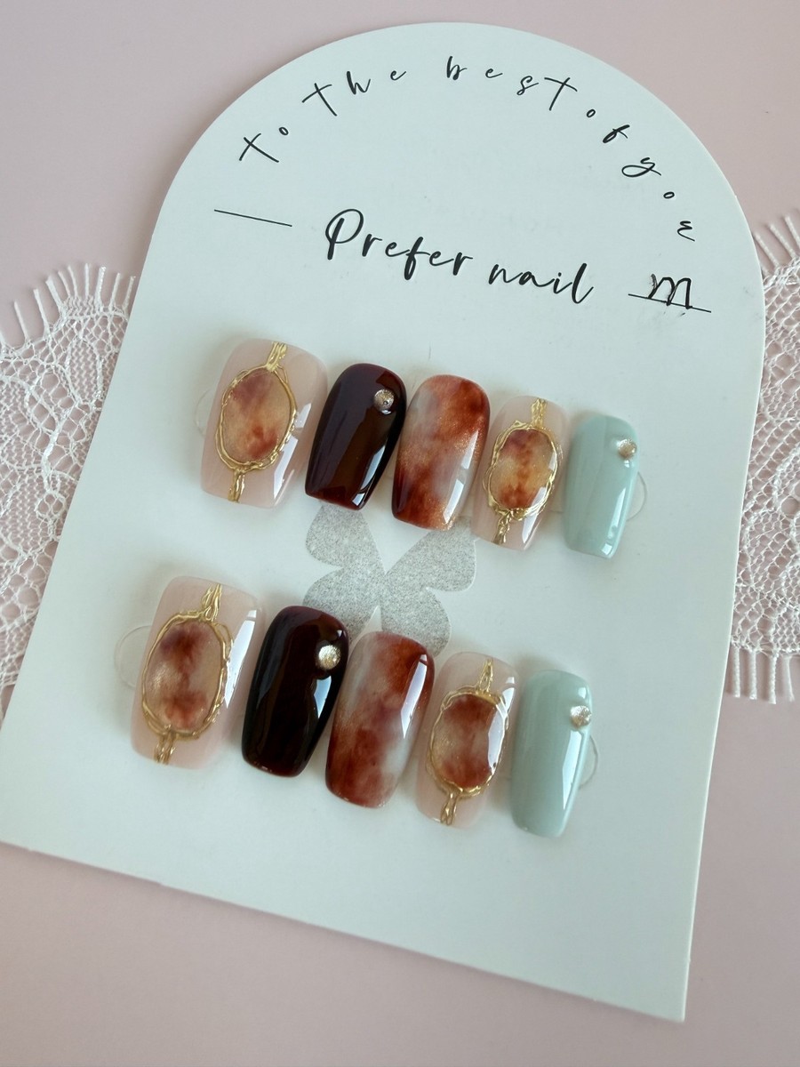Handmade Amber Marble Press-On Nails | Elegant Short Nail Set Size-M