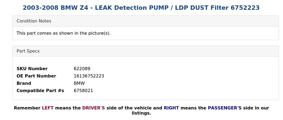 BMW Z4 2003-2008 - Bomba de detección de fugas / Filtro de polvo LDP 6752223 Foto 4 de 4