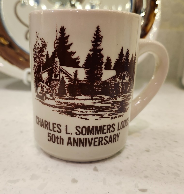 Charles L. Sommers Lodge 50th Anniversary Mug Ely, MN Signed Bob Cary Artwork