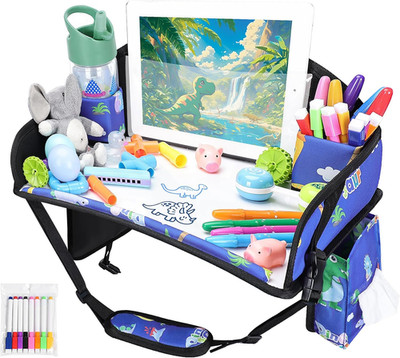 Kids Travel Tray for Car Seat Lap Desk w Cup Holder & Pockets Road Trip