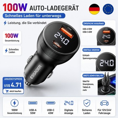 Essager 100 W Autoladegerät USB C Schnellladegerät für iPhone Samsung Xiaomi