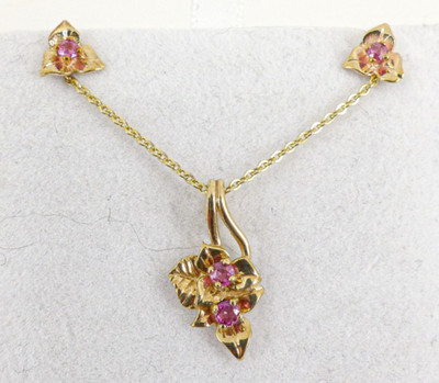 9 kt Gold Rubin Anhänger & Ohrringe Set 17'' Kette gepunzt Blume mit Geschenkbox