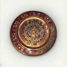 Vintage Aztec Calendar • Enamel Brass Wall Plate • Hanging Mexico Patina Art
