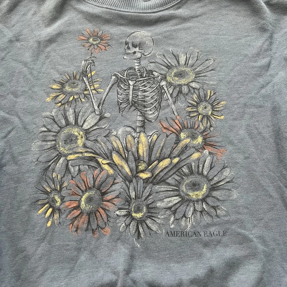 Толстовка American Eagle синий скелет подсолнух жуткий цветочный мир осень размер XL - Изображение 2 из 4