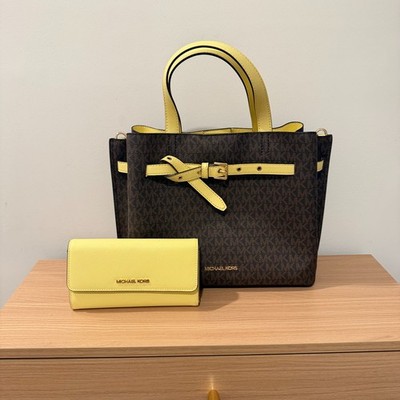 Michael Kors Emilia Large Satchel Brown Signature and Butter Cream & Wallet Set