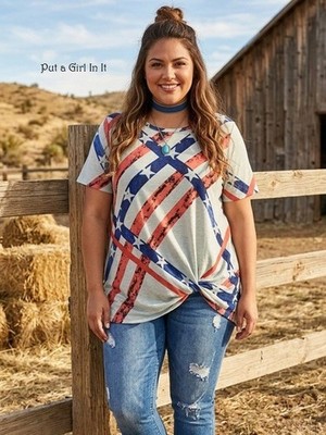 USA Plus Size Women's American Flag Red White Blue Stars Knot Tunic Shirt 1X 2X