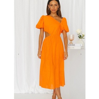 Hello Molly Candy Queen Midi Dress Orange Cut Out Puff Sleeve Dress Womens Large