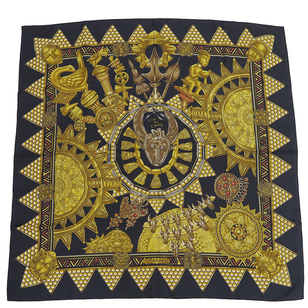 ○Hermes Carre90 Scarf L'Or Des Chefs Chiefs' Gold Black Yellow