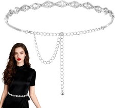 1 Pcs Silver Dress Belt, Rhinestone Chain Belt For Women, Sparkly Crystal Thin C