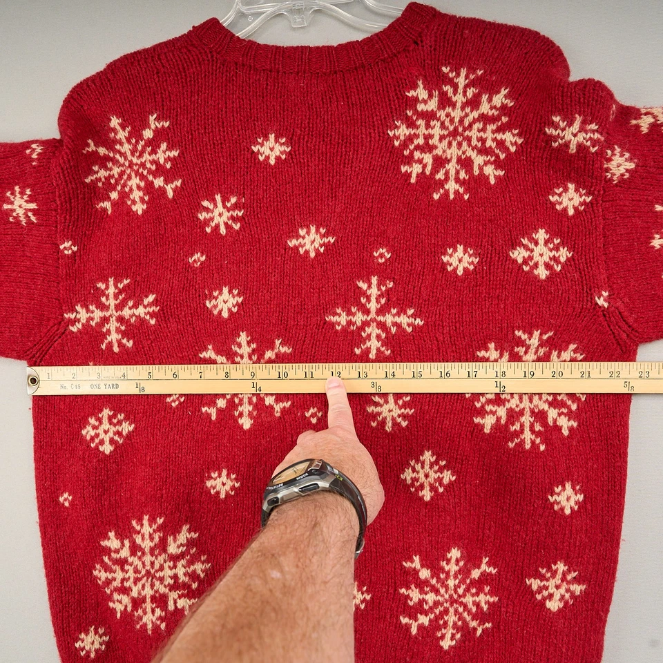 Suéter de lã vintage J Crew masculino L floco de neve ilha justa vermelho Natal grosso anos 90 - Imagem 4 de 4