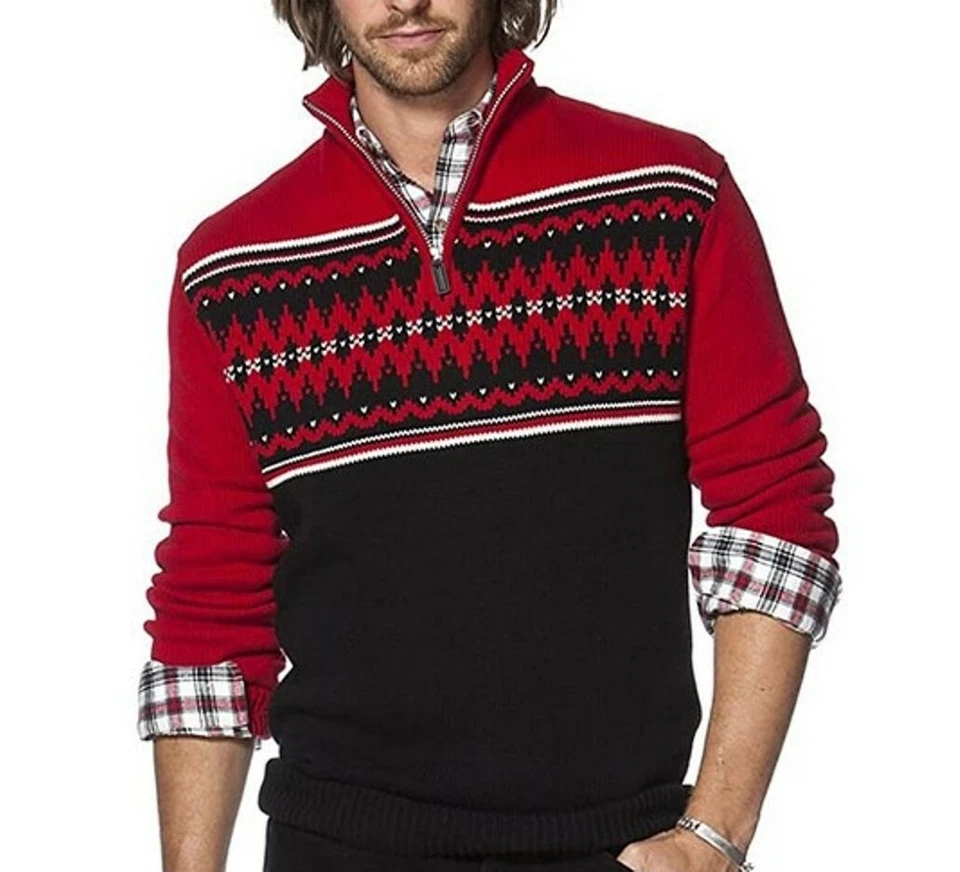 Chaps Sweater Classic-Fit Fairisle Quarter-Zip Thick Red Black Pullover NWT - Image 2 of 4