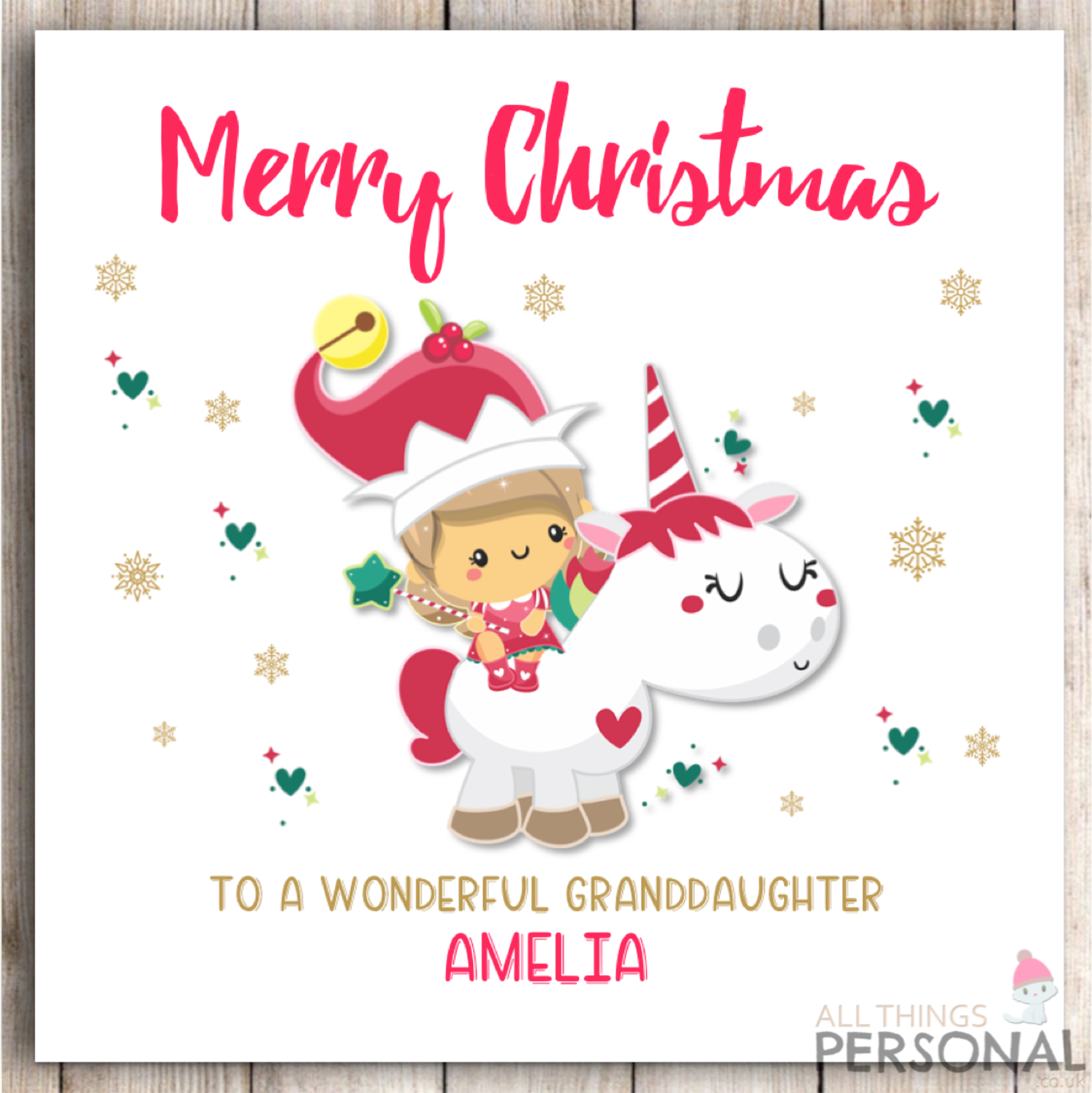 Personalised Unicorn Christmas Card Daughter Granddaughter Niece Sister Girls