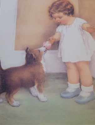 LOYAL FRIEND Sharing her Treat with her Puppy Nick by Bessie Pease Gutmann Print