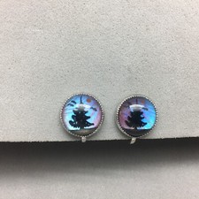 Real Butterfly Wings Under Glass Screw Earrings Silver Tone 1/2" Round Tree