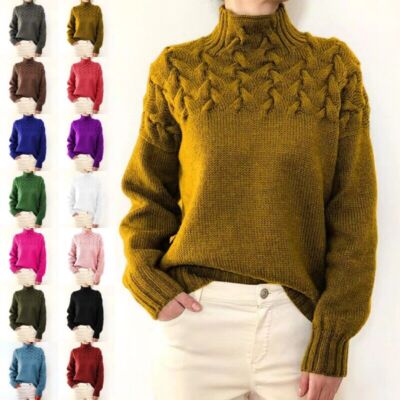 Damen Rollkragen Warm Pullover Damen Grobstrick Zopfmuster Pulli Tops