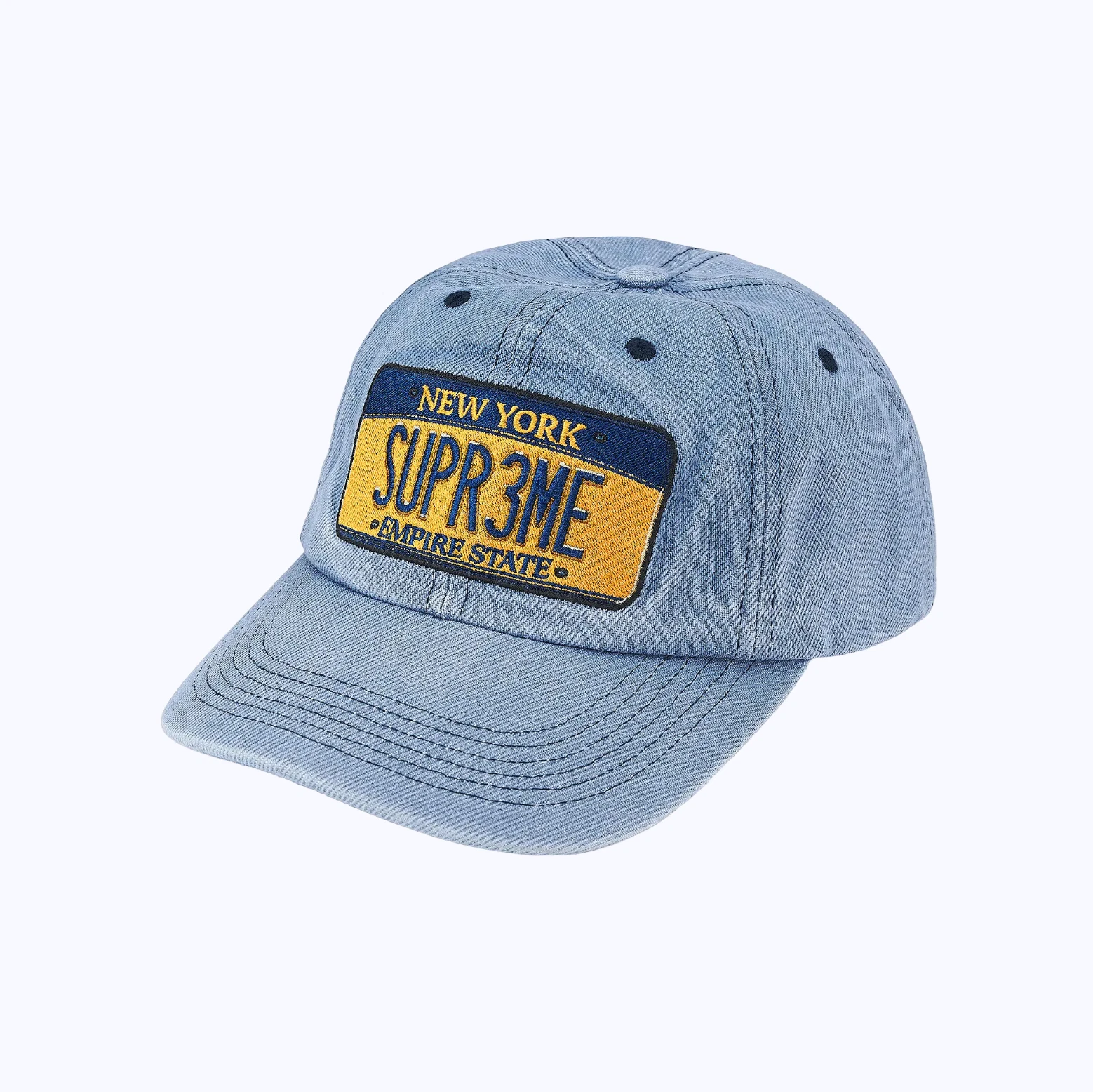 Chapeau 6 panneaux plaque d'immatriculation suprême   Denim bleu   NEUF