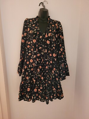 River Island Black With Floral Print Flared Dress Uk Size UK