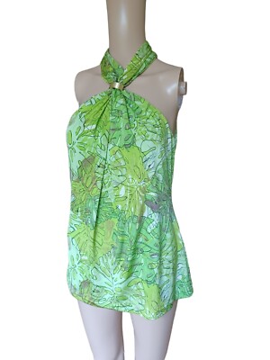 Etcetera Womens Sleevelesss Halter Top Green Multicolor High Neck Small 