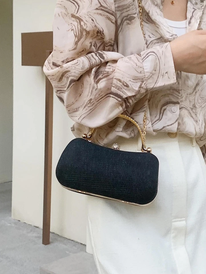 Womens Small Black Rhinestone Decor Gold Chain Double Handle Box Bag Purse Party - Image 4 of 4