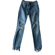 FREE PEOPLE WE The FRee Distressed High-Waisted Blue Jeans SZ 27 With Frayed Hem