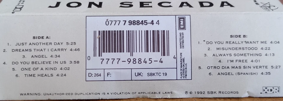 Jon Secada - Jon Secada - Audio Music Cassette Tape - 12 Great Tracks - 1992 - Image 3 of 3