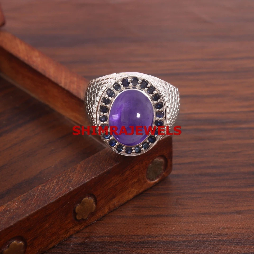 Natural Amethyst & Sapphire Gemstone With 925 Sterling Silver Men's Ring #1127 - Image 4 of 4