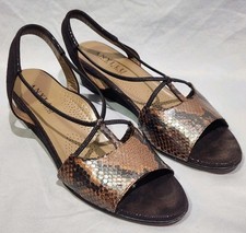 ANYI LU 9.5 LINDA Brown Snakeskin Iridescent Slingback Wedge Leather Sandal