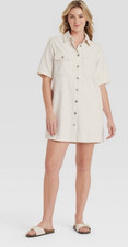 Universal Thread Womens Beige Button Up Dress Short Sleeve Pockets Medium