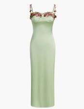 COMMENSE Light Green Satin Floral Embroidered Long Dress Size L Y2K Slip Dress