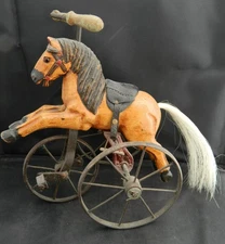 Vintage Child's Horse pedal tricycle velocipede wooden carved painted 9.5"